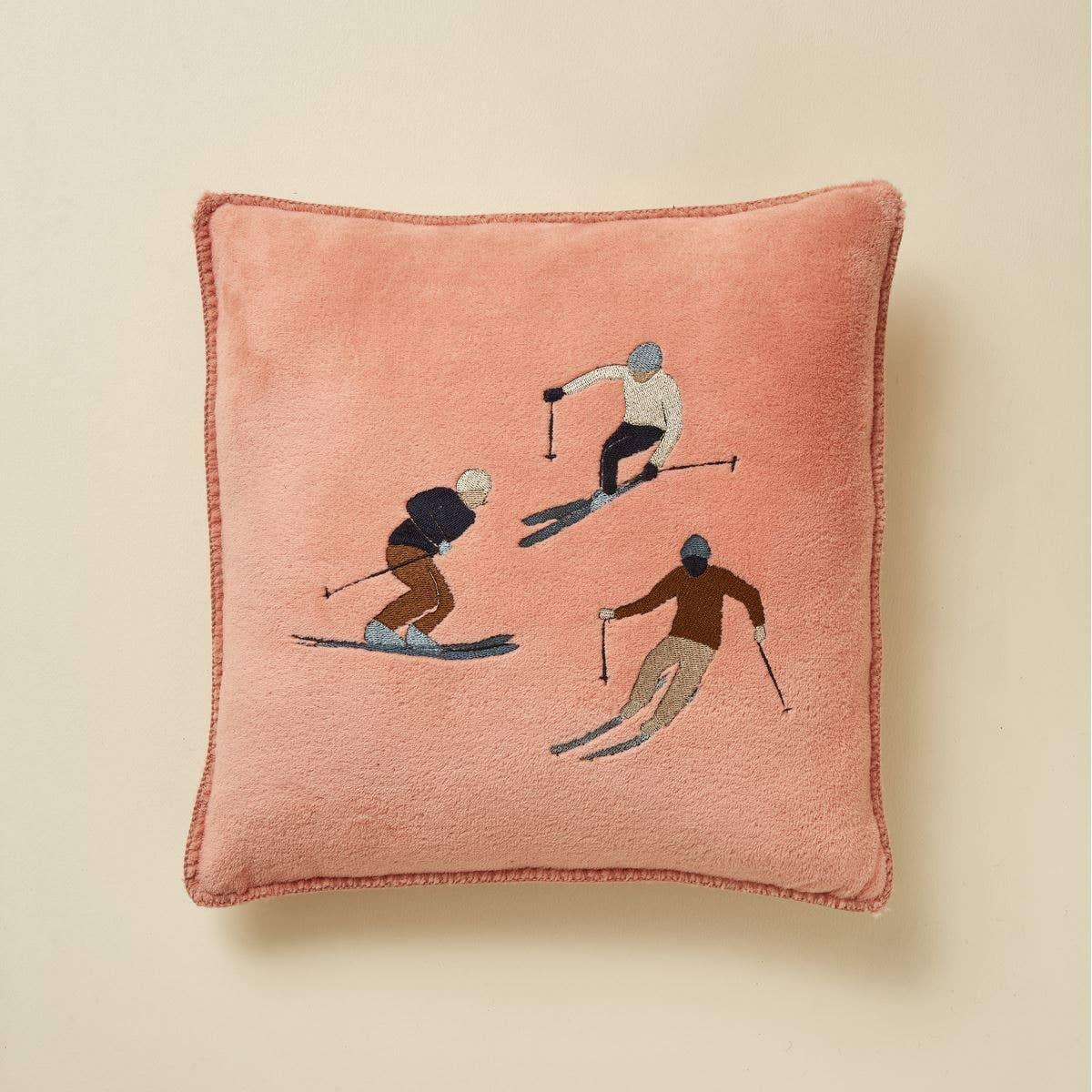 ChappyWrap pink velvet throw pillow with embroidered skiers, premium cotton blend
