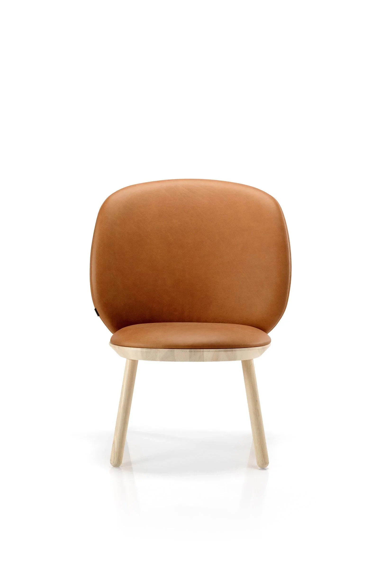Norr11 lounge chair in tan leather with light wood legs, modern minimalist design