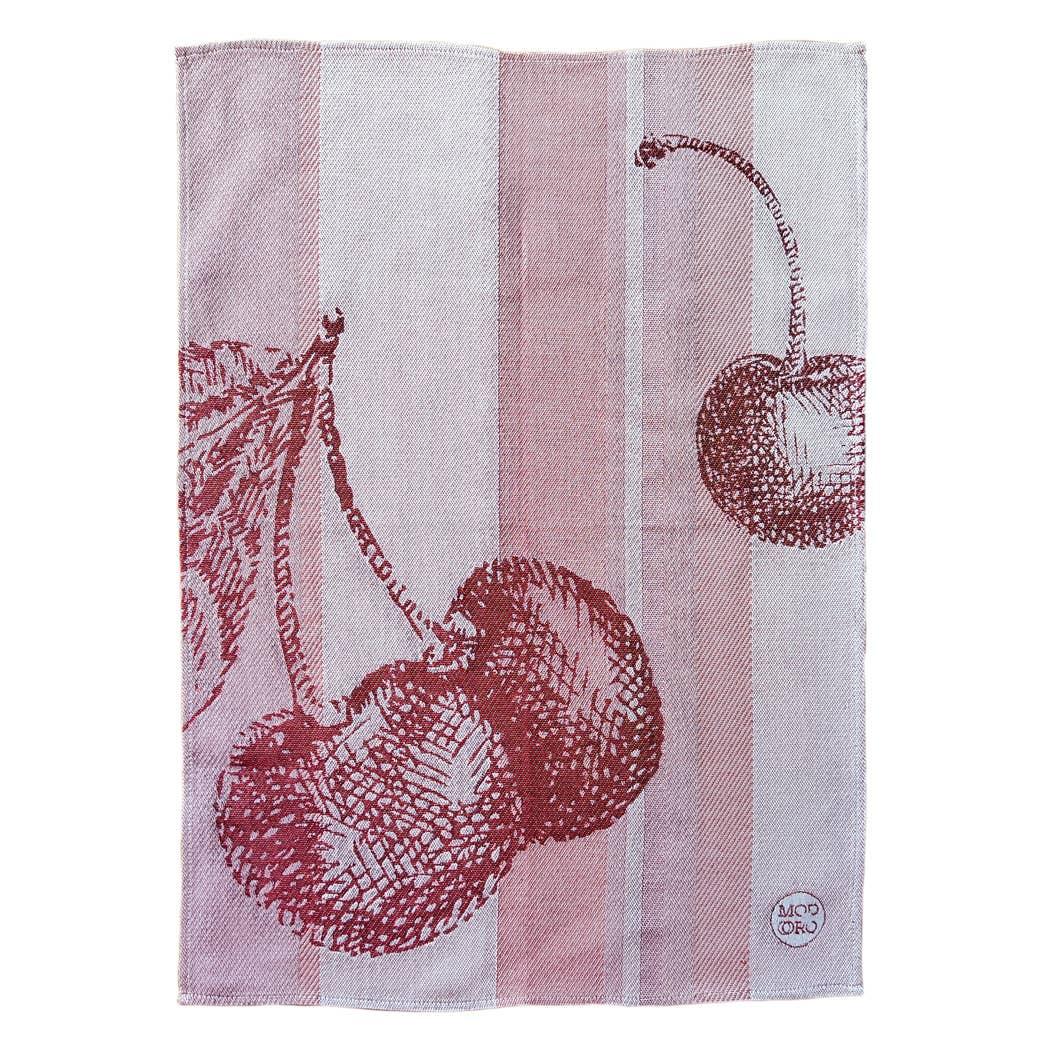 Mogu Oru cotton tea towel with red cherry graphic and striped pattern on white background