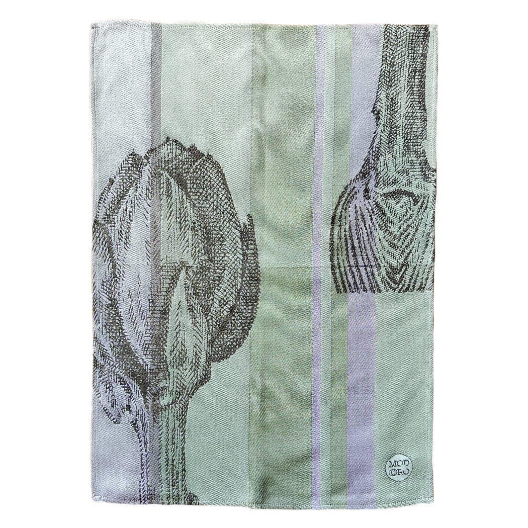 Mordoru green cotton kitchen towel with artichoke design and subtle vertical stripes