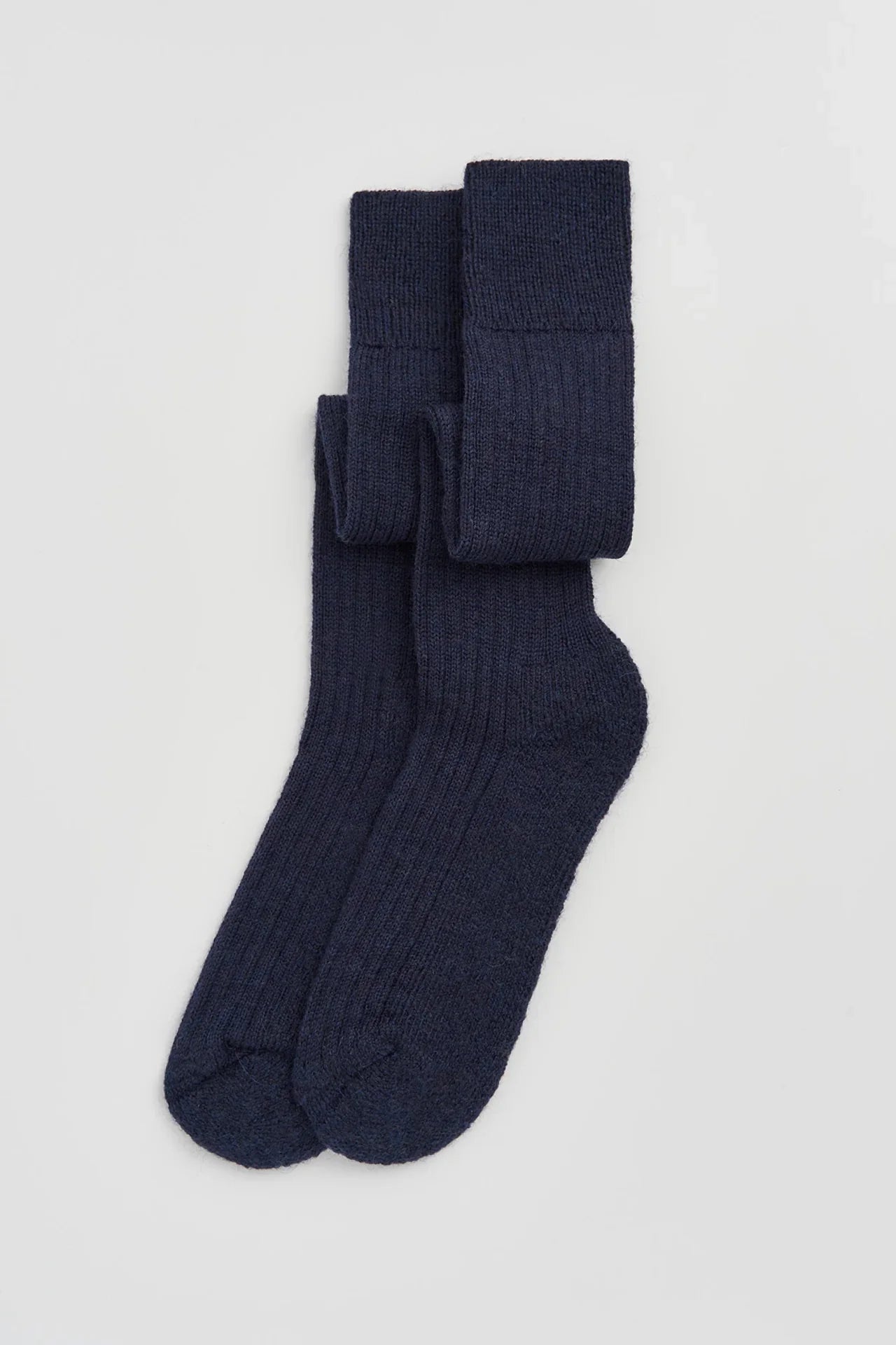 Anonymous Islay ribbed navy merino wool socks, premium knit design, flat lay