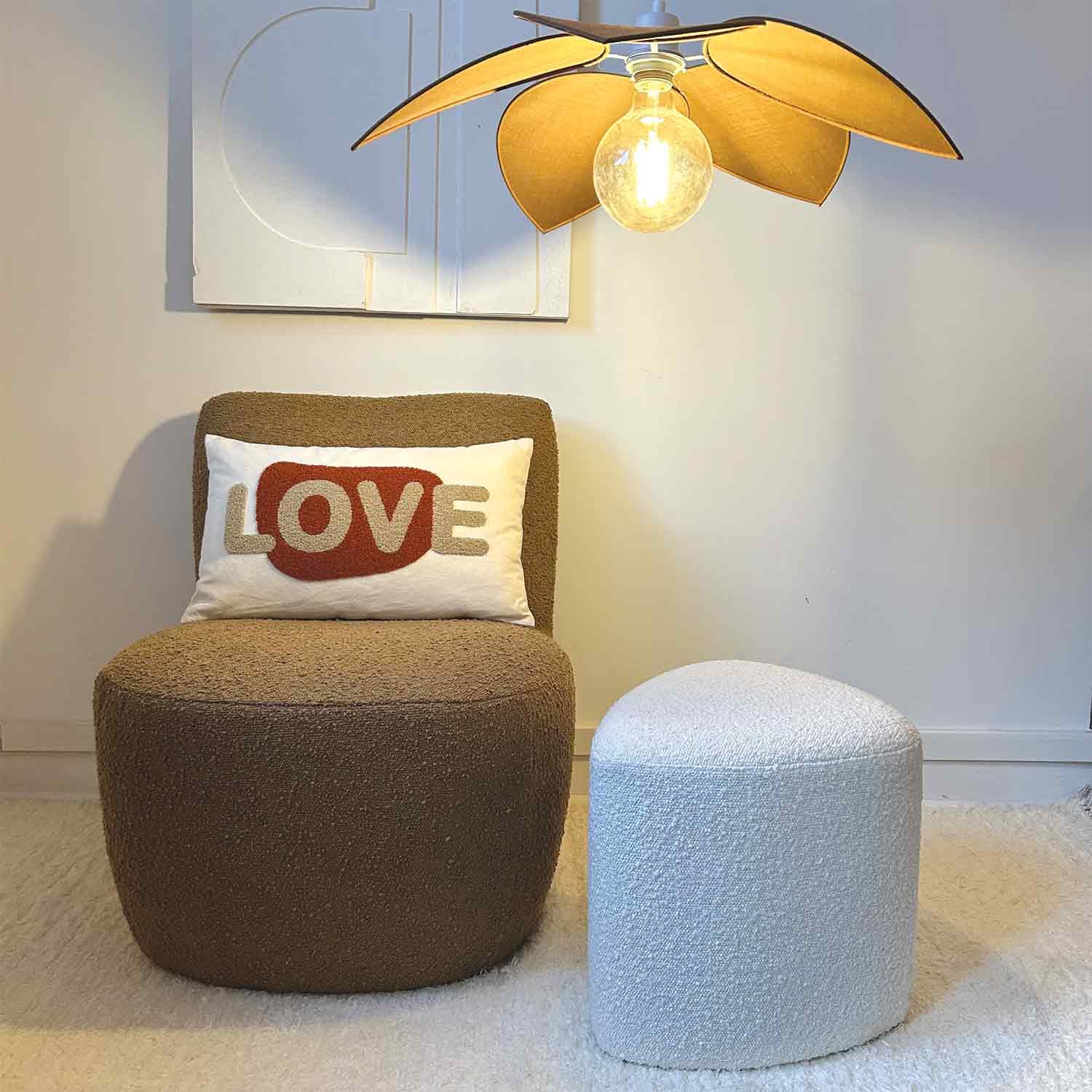 Dreampuff brown boucle chair and white ottoman, LOVE pillow, modern wood pendant lamp