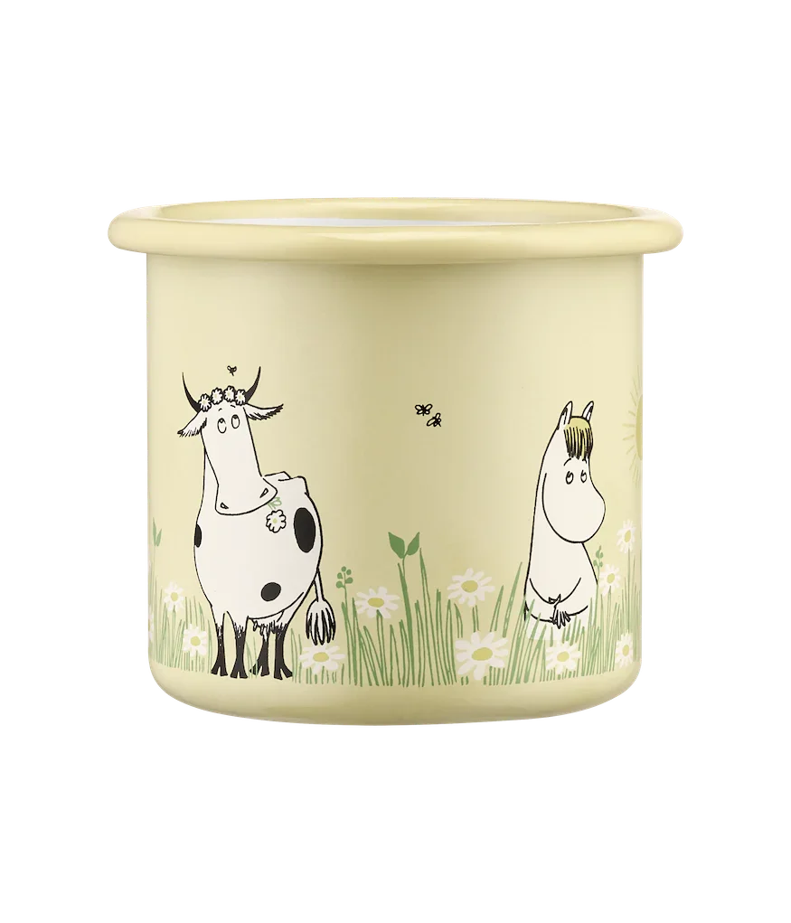 Muurla pale yellow enamel mug with Moomin character and cow illustrations, floral design