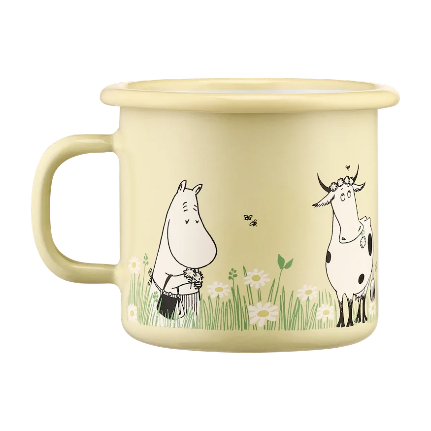 Muurla enamel mug, pale yellow, featuring Moomin character and cow with flower meadow design