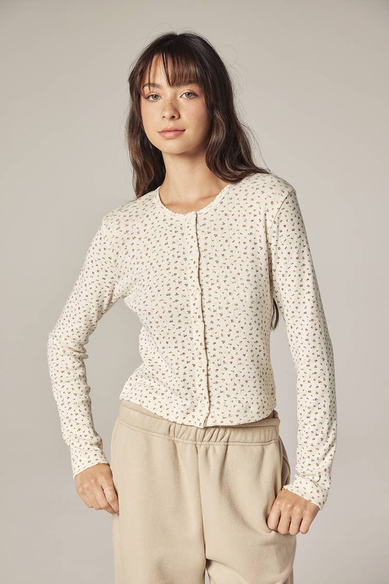 Romantic Button-down short cardigan: Cream/Navy / Floral / M/L