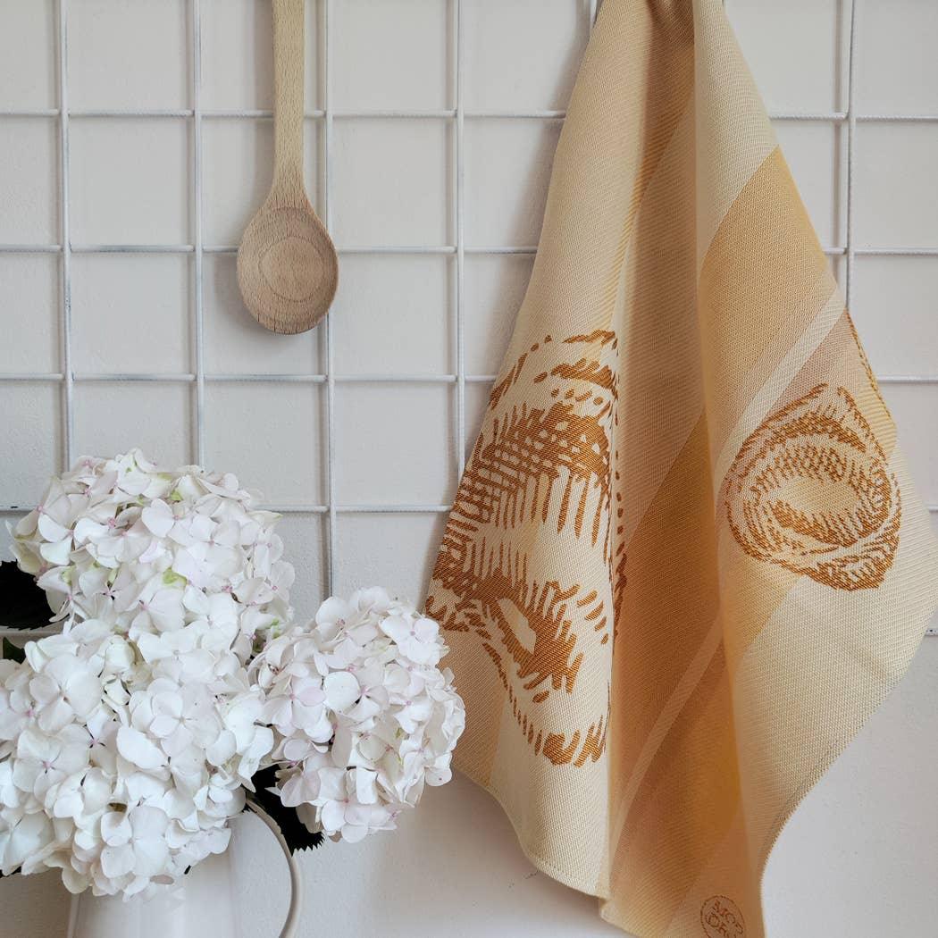 Lapuan Kankurit beige cotton-linen kitchen towel with brown pattern, wall display, floral decor