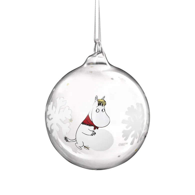 Moomin glass Christmas bauble with Little My and snowflake design, clear premium ornament