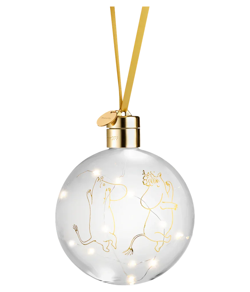 Muurla glass Christmas bauble with gold Moomin illustration and warm LED lights