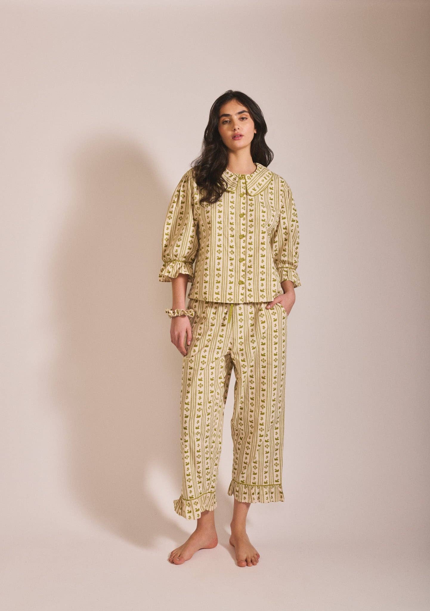 Cropped Cotton Pyjamas in Olive Swan: M - TBCo