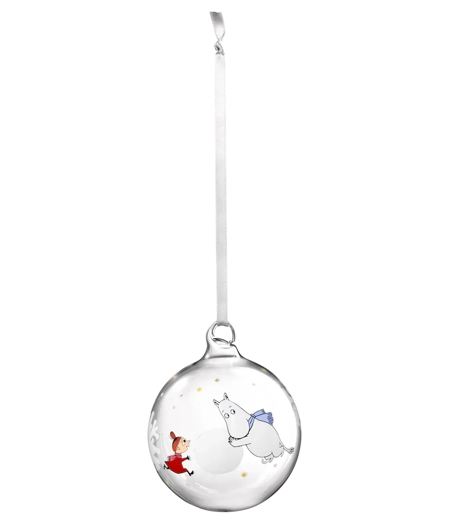 Iittala Moomin glass Christmas ornament, clear with Moomin character design and silver ribbon