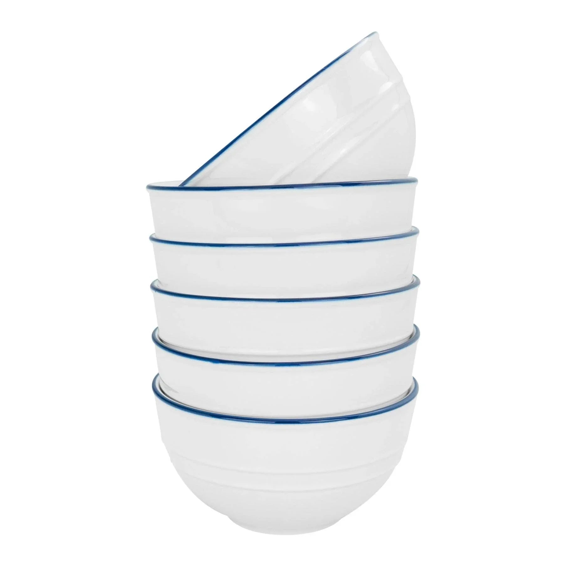 Duralex white ceramic bowls set with blue rim, stacked, minimalist design
