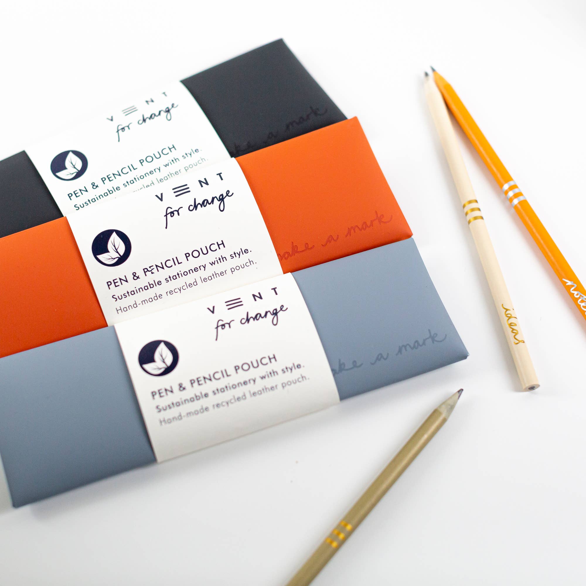 Recycled Leather Pen & Pencil Case | Handmade - Orange Pouch