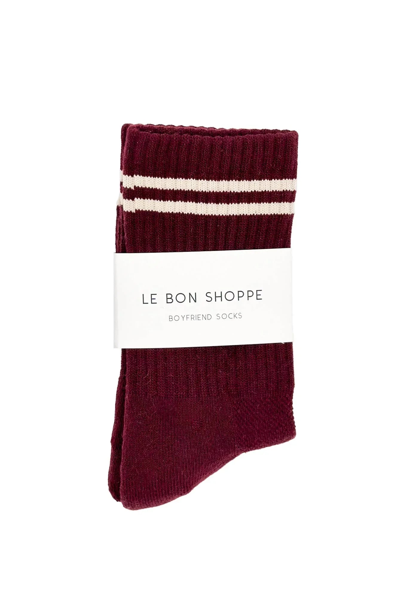 Le Bon Shoppe Boyfriend Socks, ribbed cotton, burgundy with white stripes, folded.