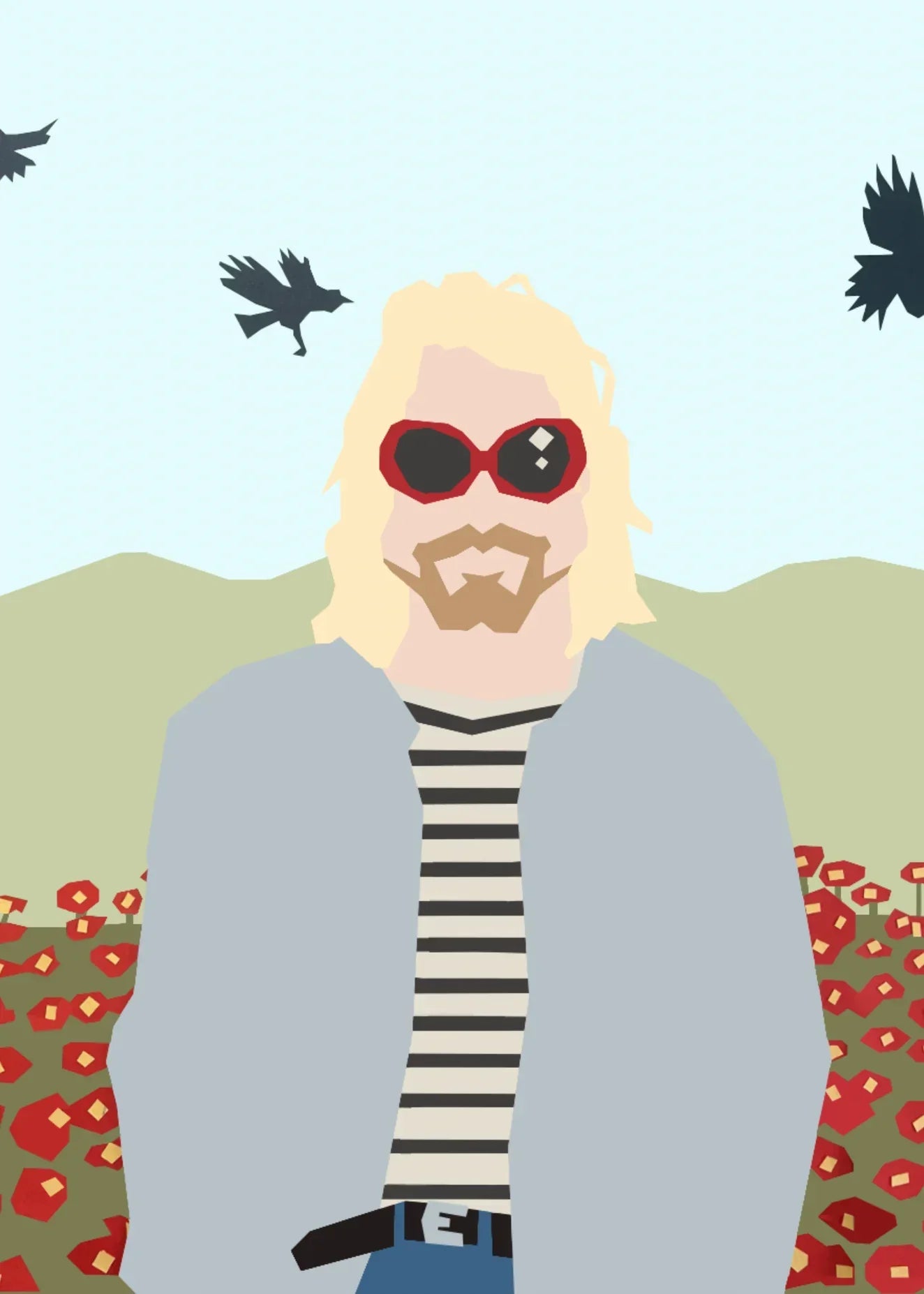Stylized illustration of person in red sunglasses, striped shirt, grey jacket, with poppy field background.
