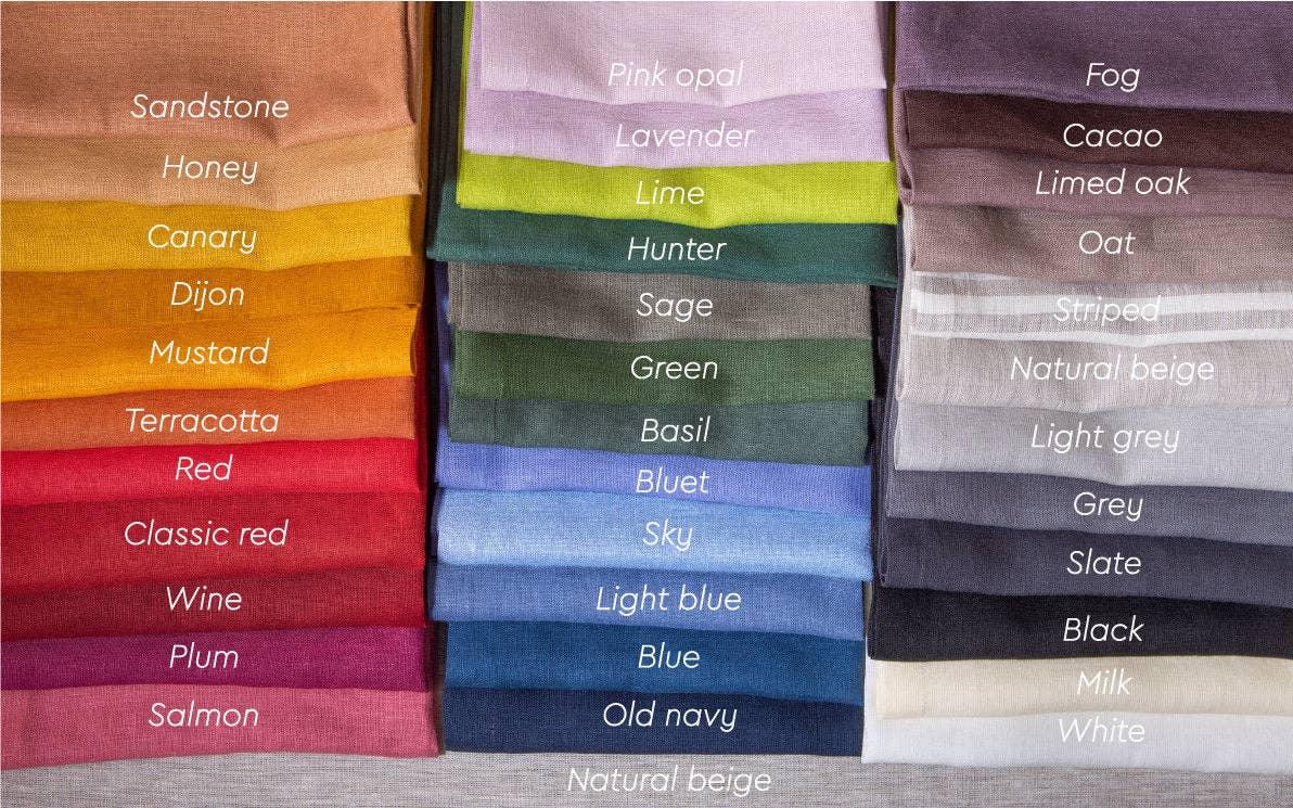 Linen Tales premium linen fabric color swatch chart with labeled fabric samples in assorted colors.