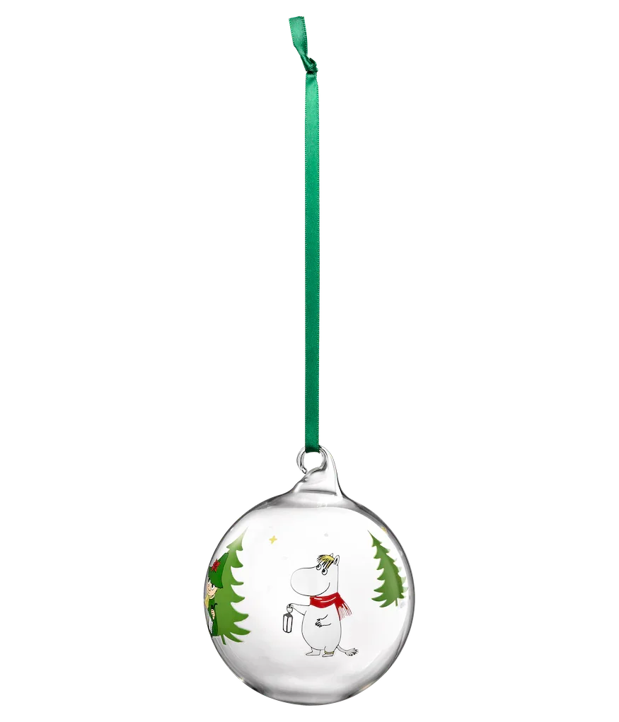 Muurla glass Christmas bauble with Moomin character, green trees, red scarf and green ribbon