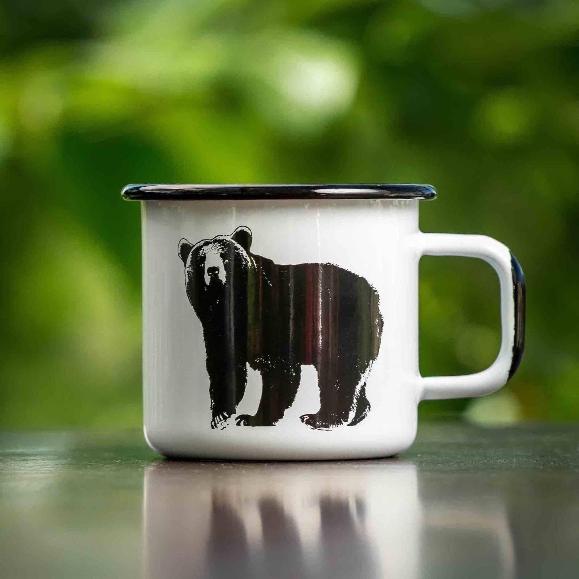 West Coast Mugs enamel mug with black bear print, white and black outdoor camp cup