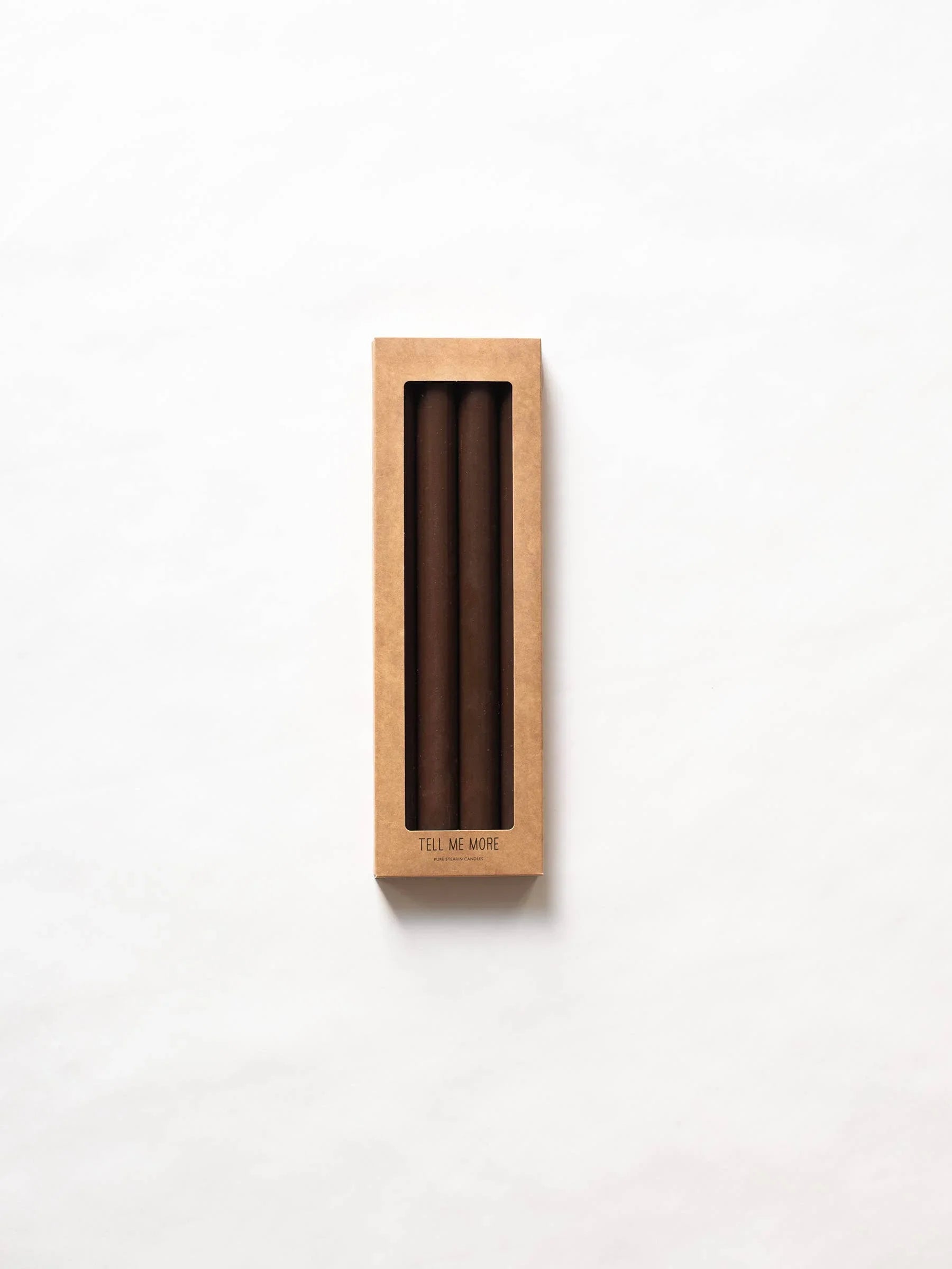 Tell Me More brown wax taper candles in kraft cardboard box, premium minimalist design