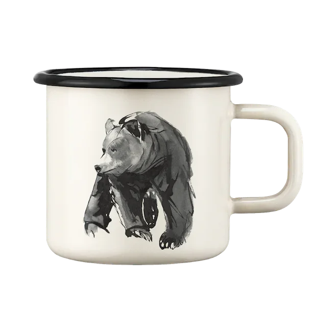 Gentlemen's Hardware enamel mug, cream with black rim and bear illustration