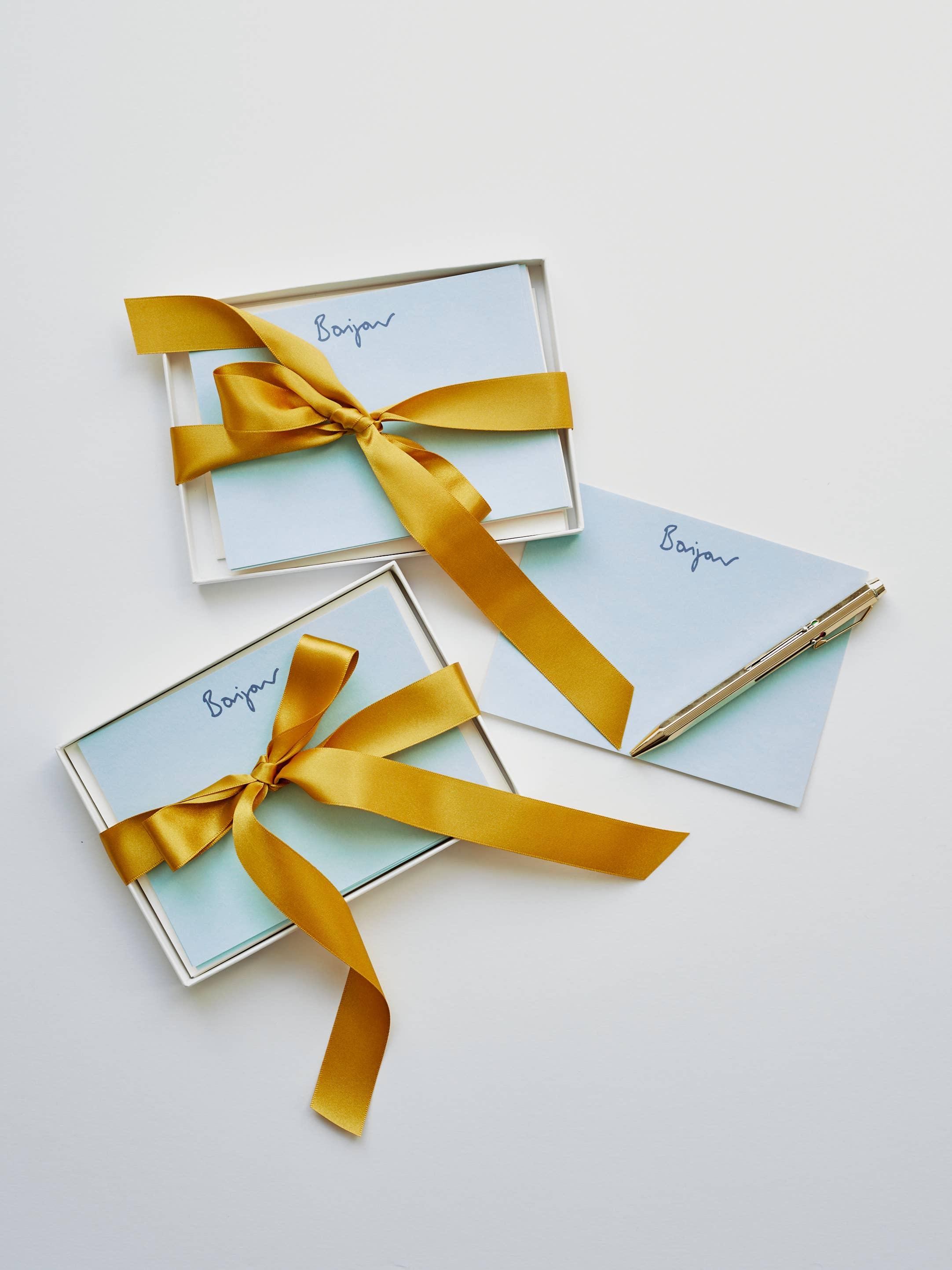 Bojar luxury blue stationery set with gold pen and satin yellow ribbon gift boxes