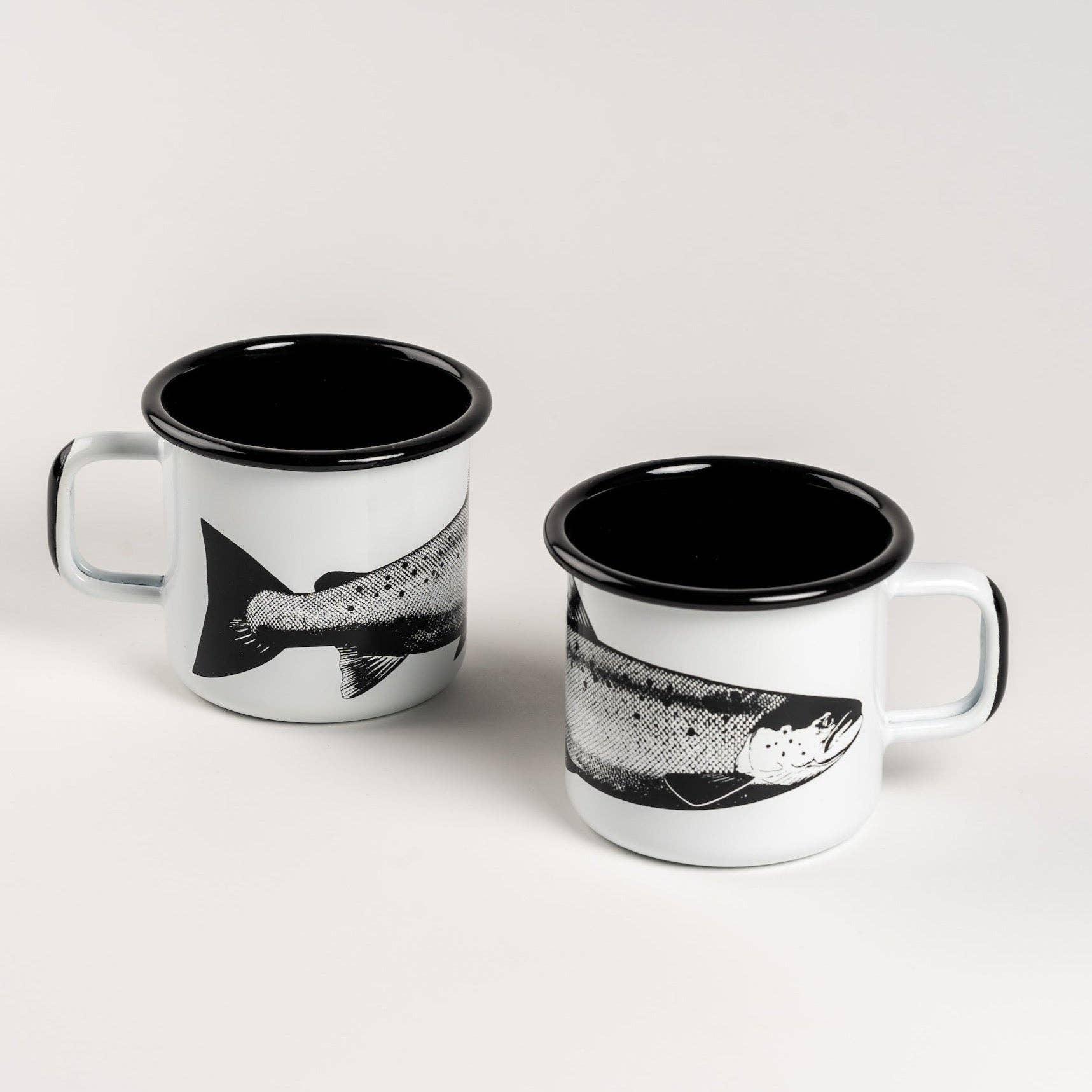 Izola enamel mugs, white with black fish graphic and black rim, premium quality drinkware