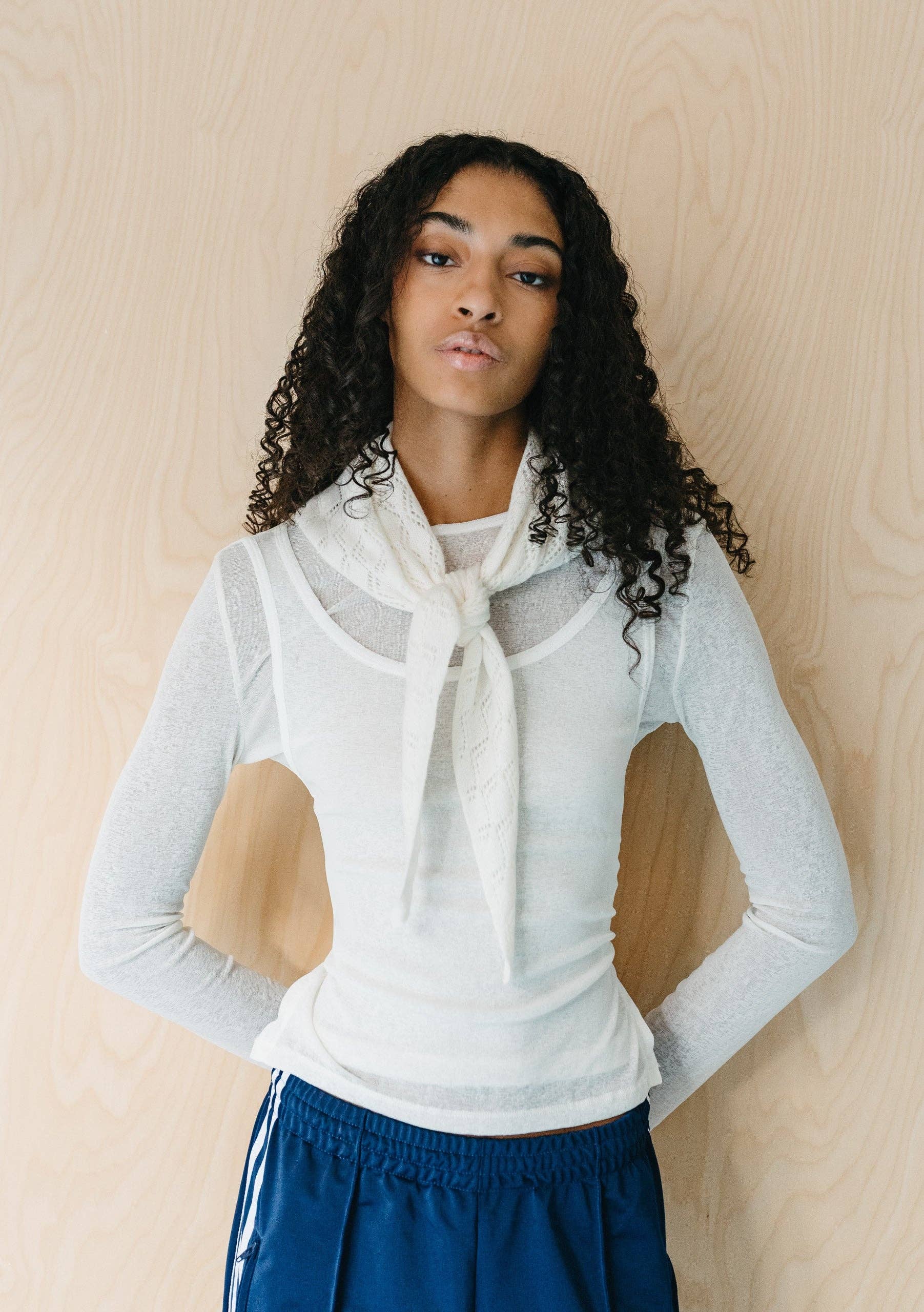 Merino Wool Triangle Scarf in White Pointelle