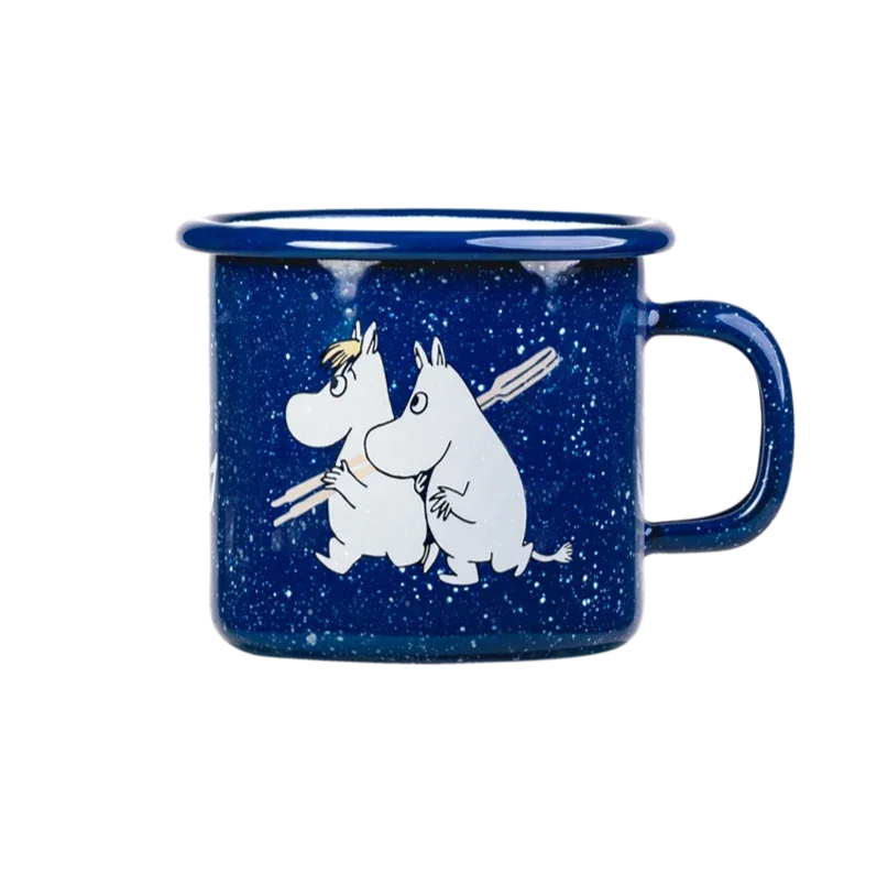 Muurla Moomin enamel mug, blue with white speckles, features two Moomin characters