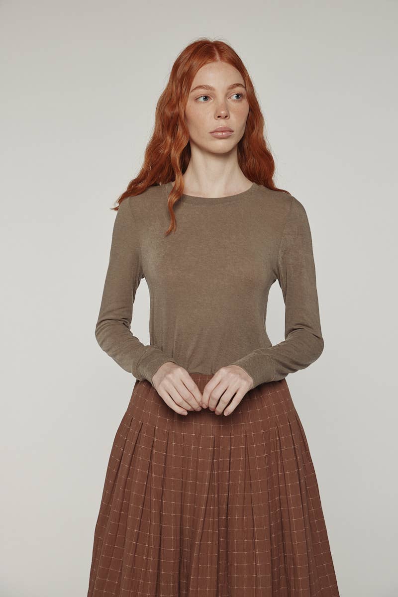 Wool blend lightweight knit top: Brown / Solid / XS/S