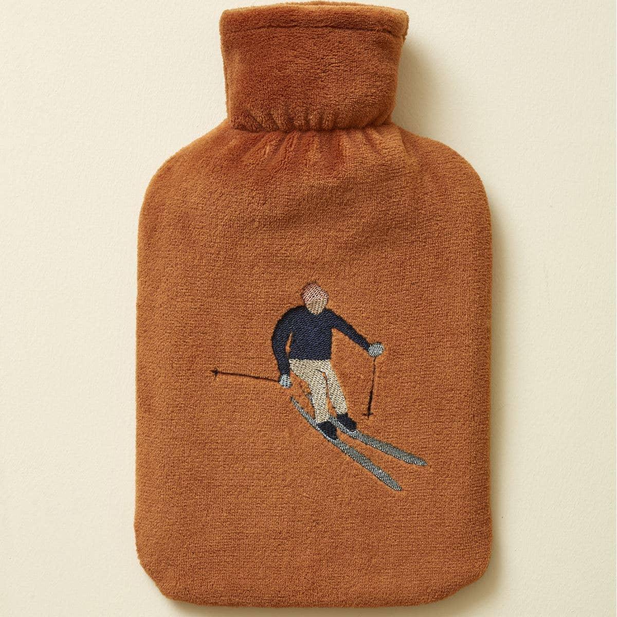 Maison Rivedroite brown terry cotton hot water bottle with skier embroidery