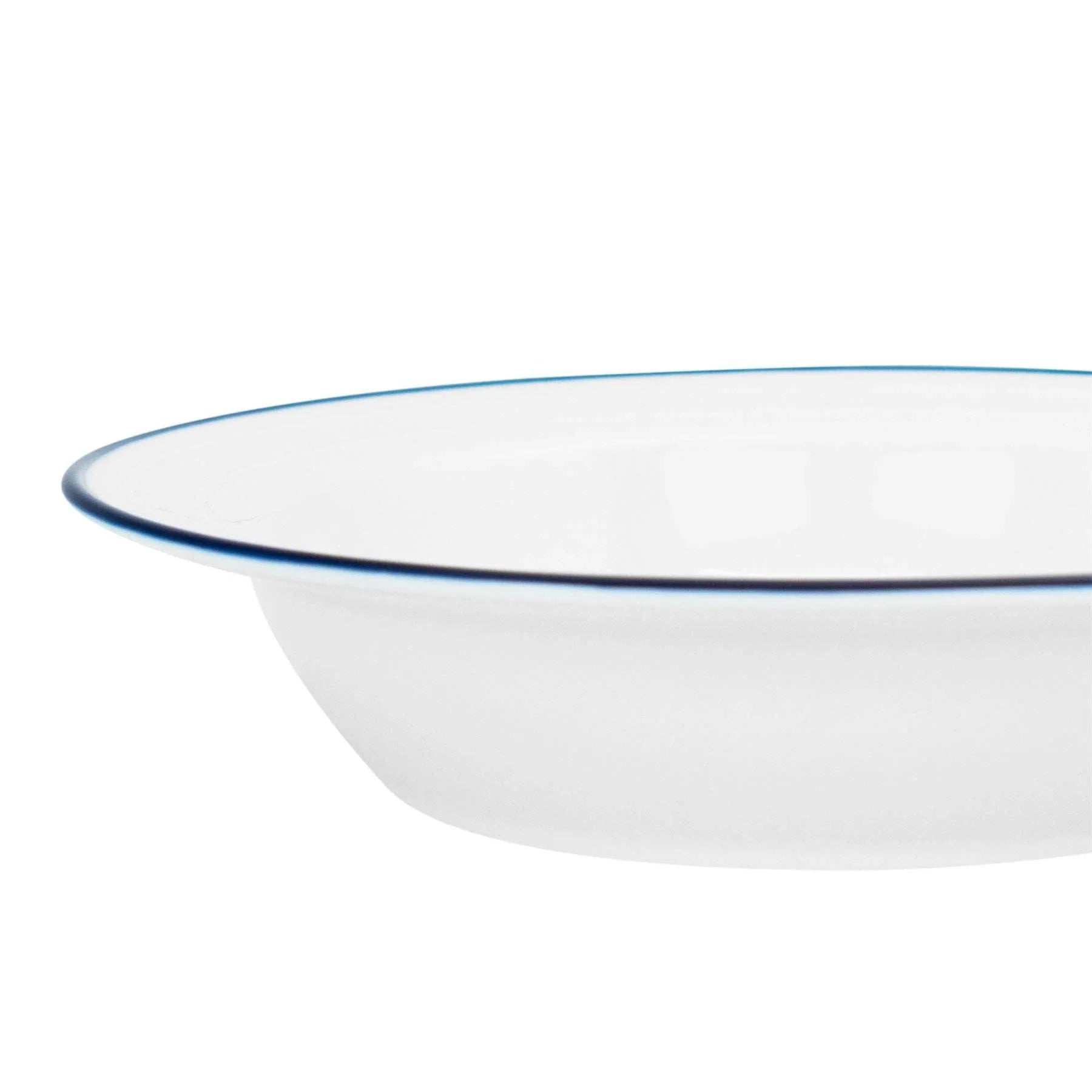 Crow Canyon enamelware white bowl with blue rim, premium enamel, minimalist design
