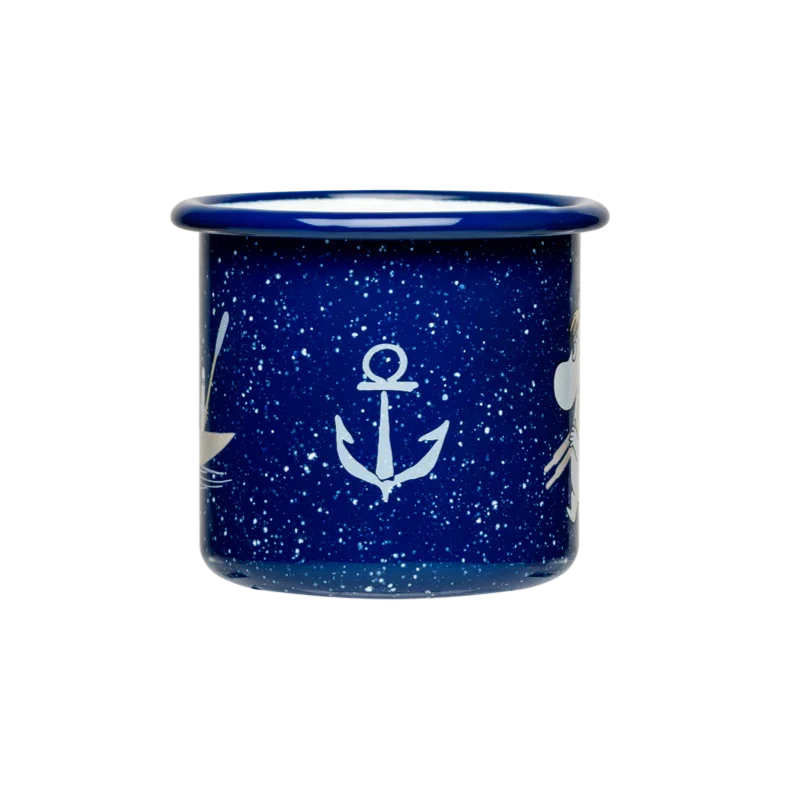 Crow Canyon enamel mug, deep blue with white anchor graphic and speckled design