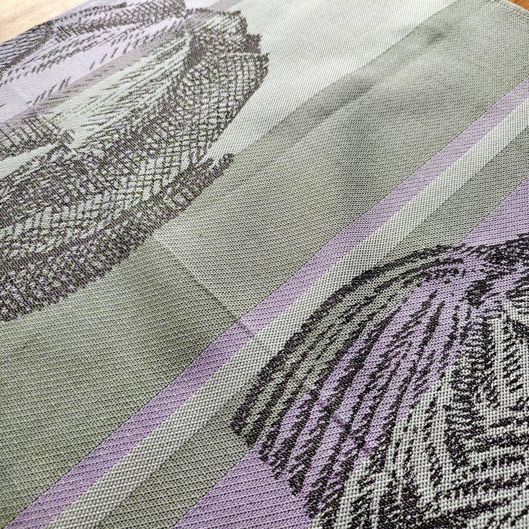 Kenko woven jacquard tablecloth, cotton-linen blend, sage green with lilac and black accents