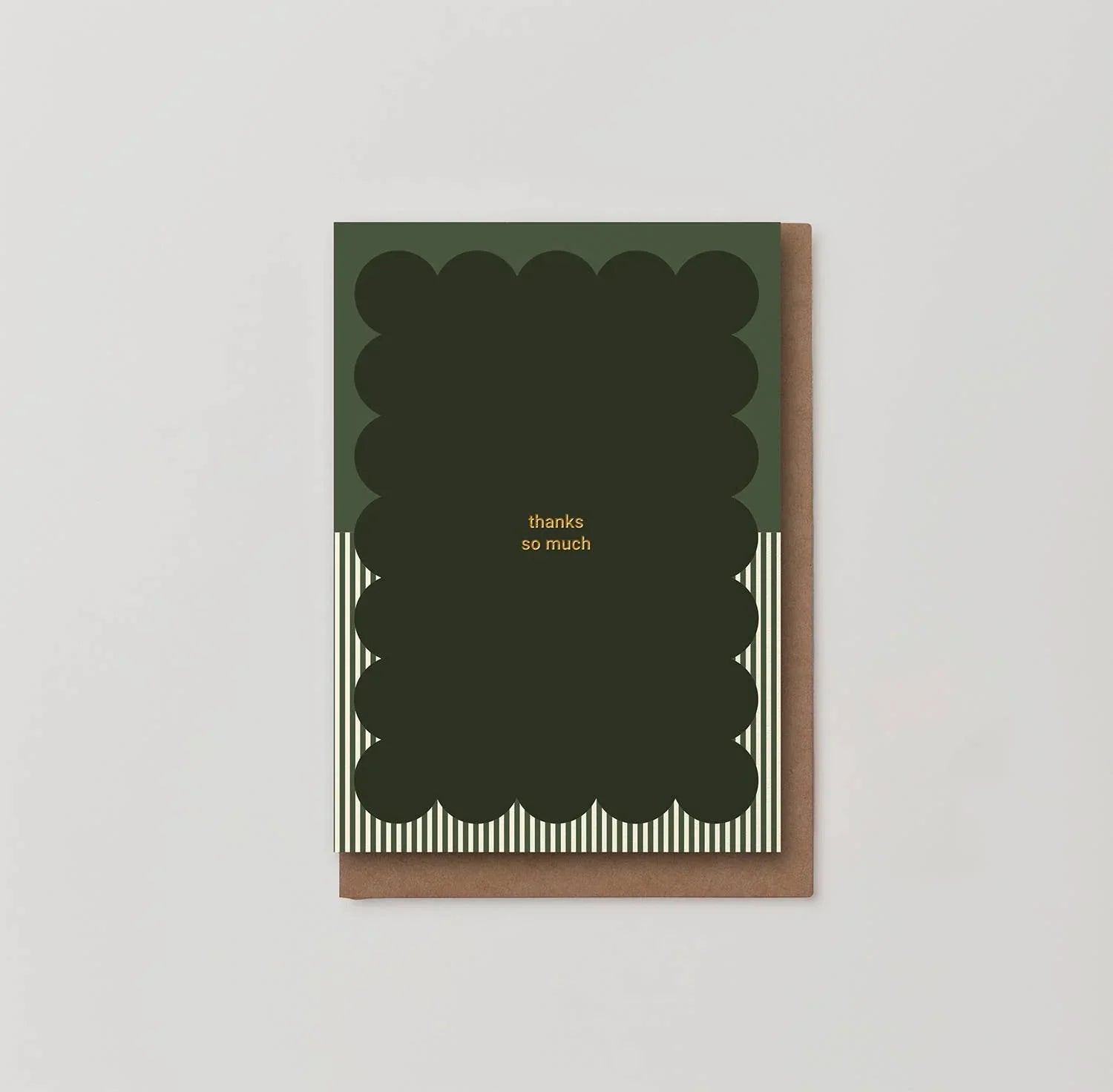 Wrap Thank You card, premium matte paper, dark green with gold text, and kraft envelope