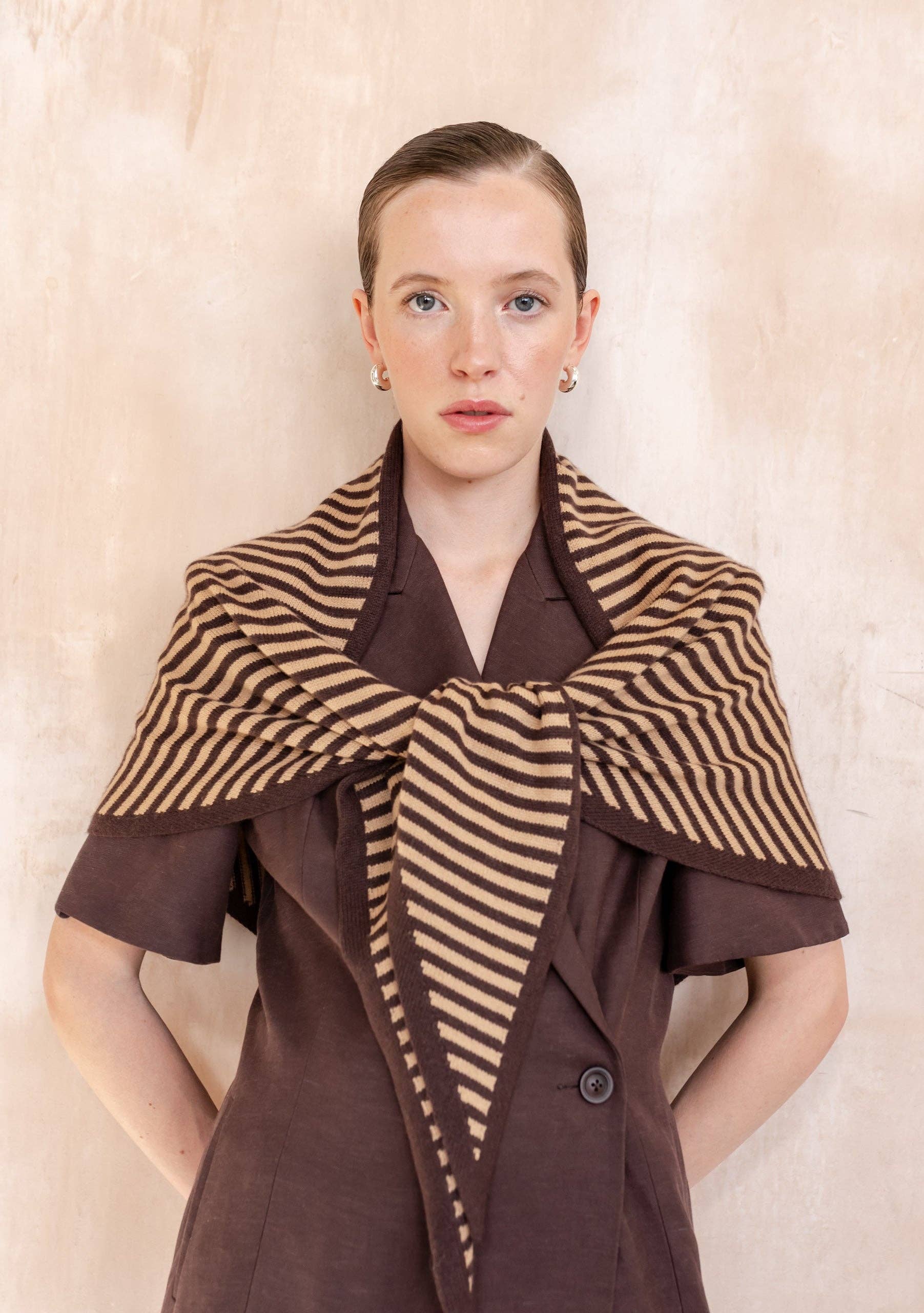 Large Merino Wool Triangle Scarf in Camel & Brown Stripe - TBCo