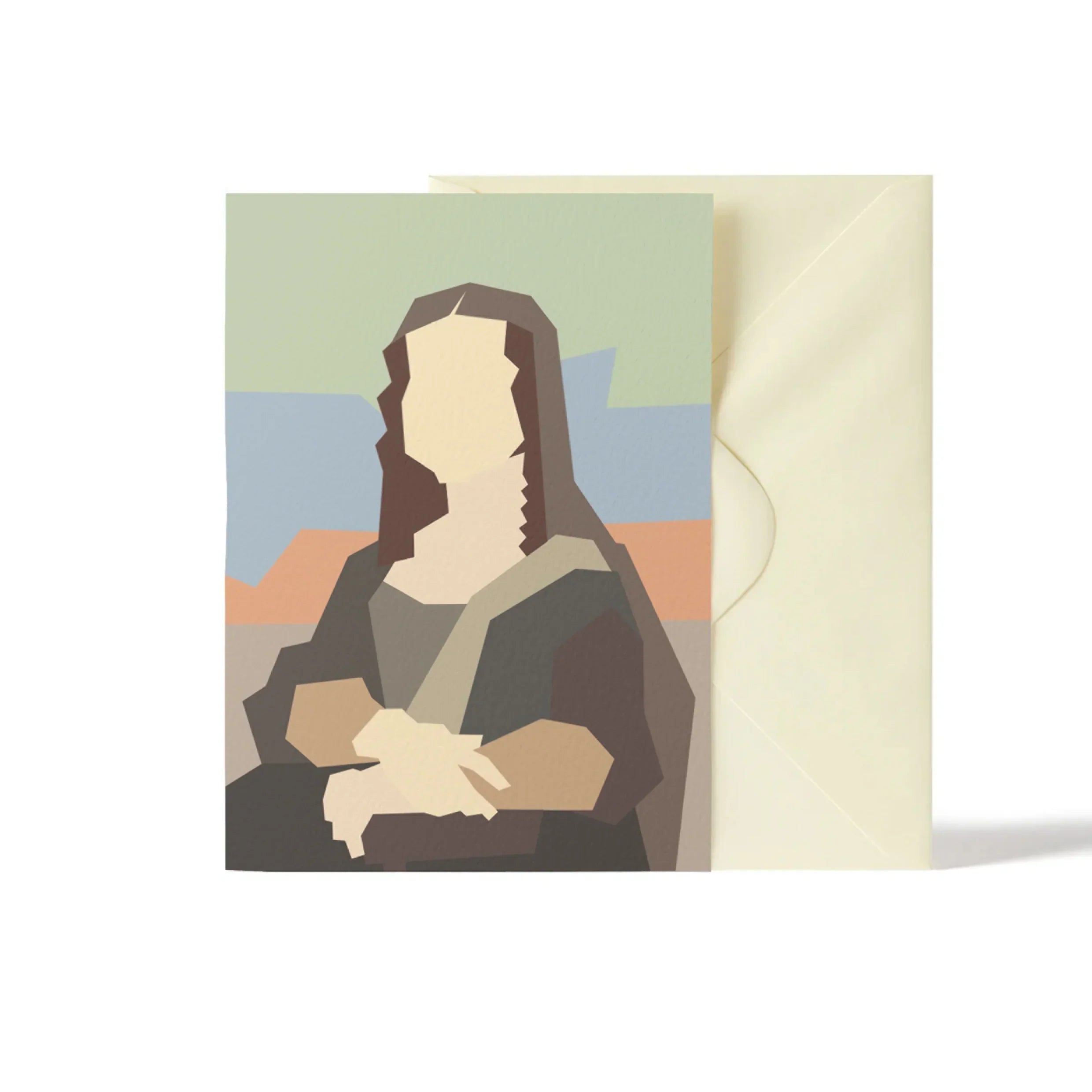 Fred And Bo geometric Mona Lisa greeting card, premium cardstock, pastel and brown tones