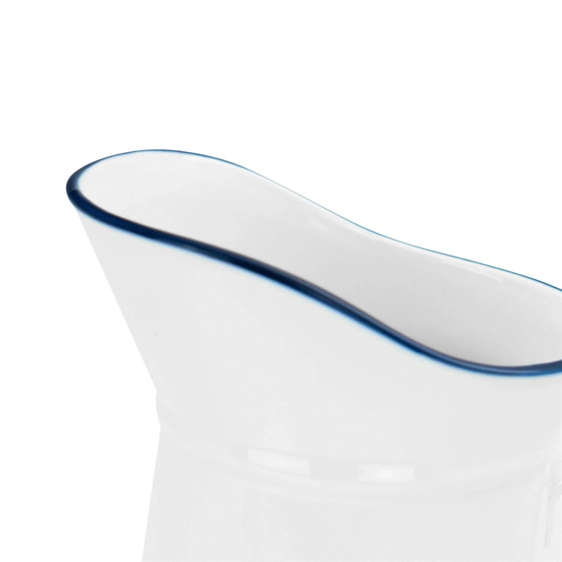 Bordallo Pinheiro ceramic pitcher, white with blue rim, premium minimalist design