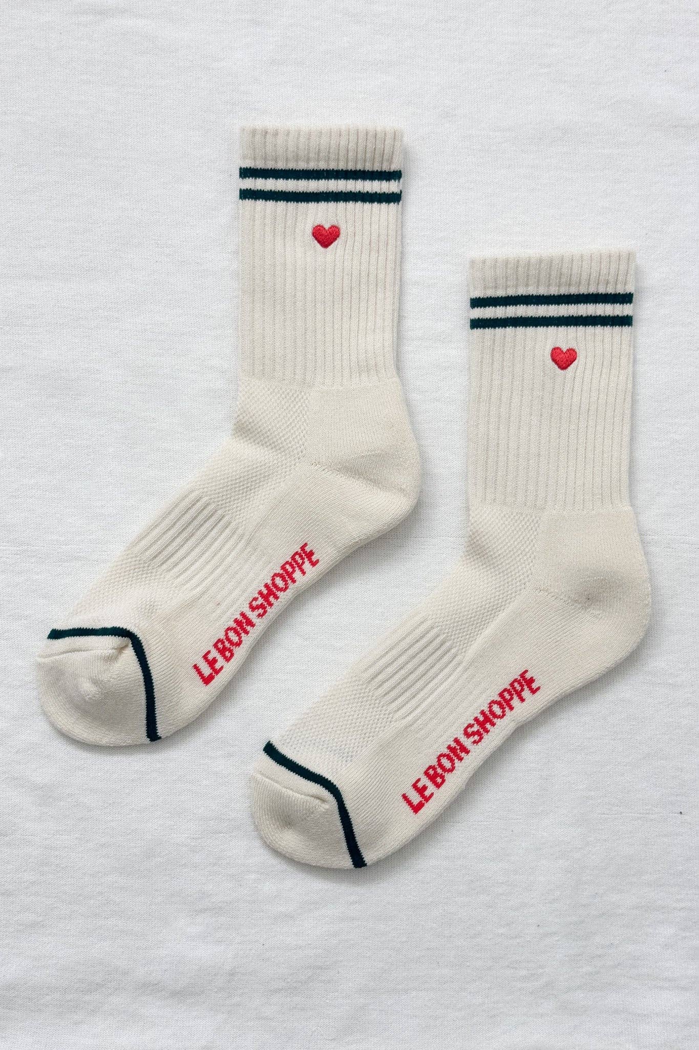 Embroidered Boyfriend Socks Parchment + Heart - Le Bon Shoppe