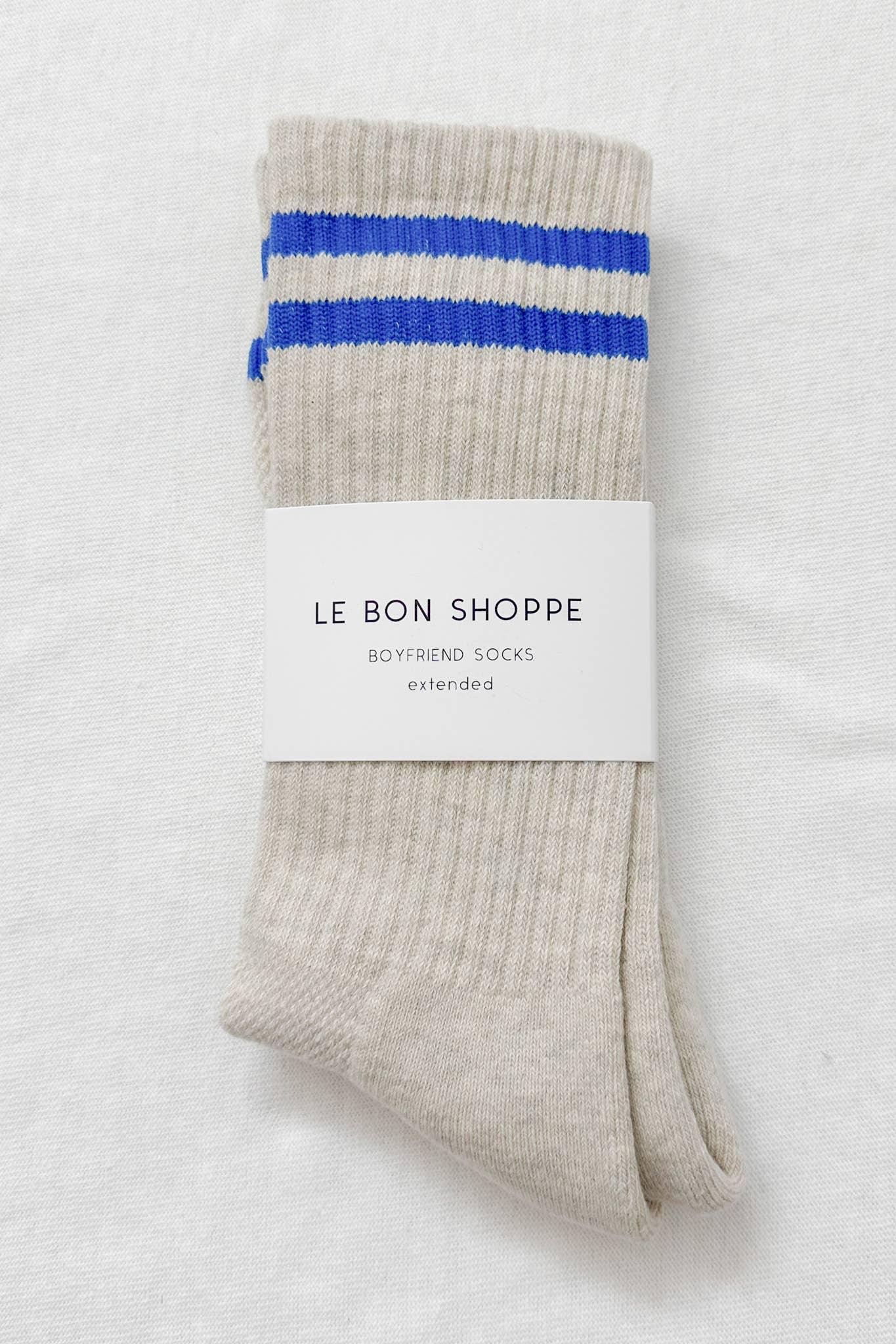 Le Bon Shoppe Boyfriend Socks extended, beige cotton with blue stripes, premium packaging