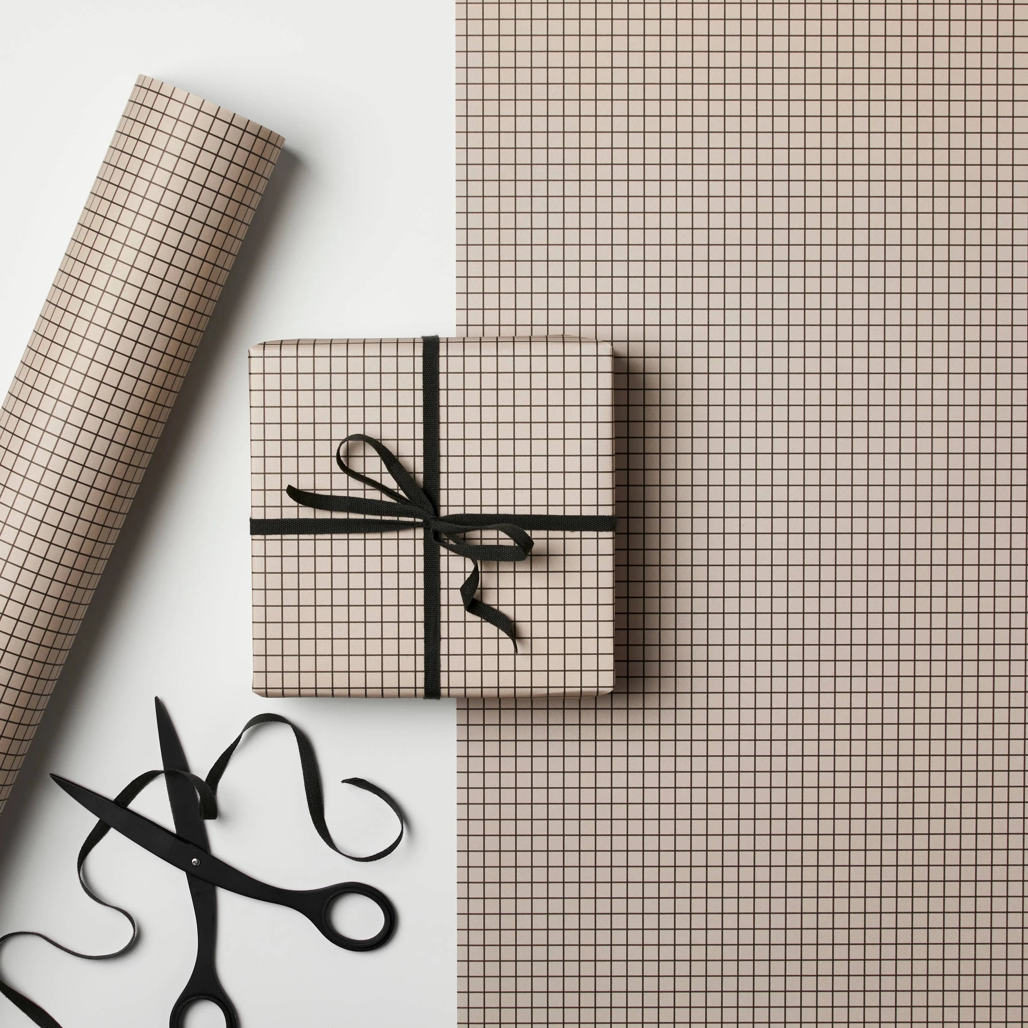 Studio Carta grid kraft wrapping paper beige, black ribbon, premium gift wrap set