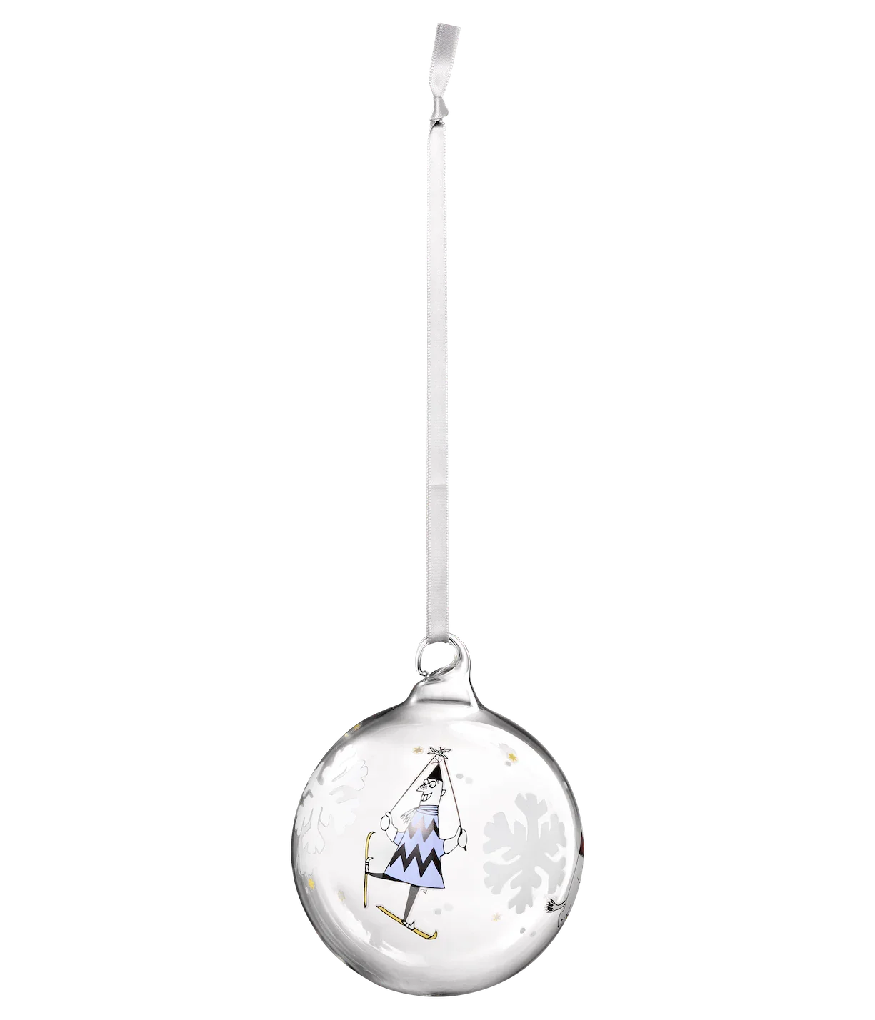 Iittala glass Christmas ornament with whimsical skier illustration and white snowflake motifs