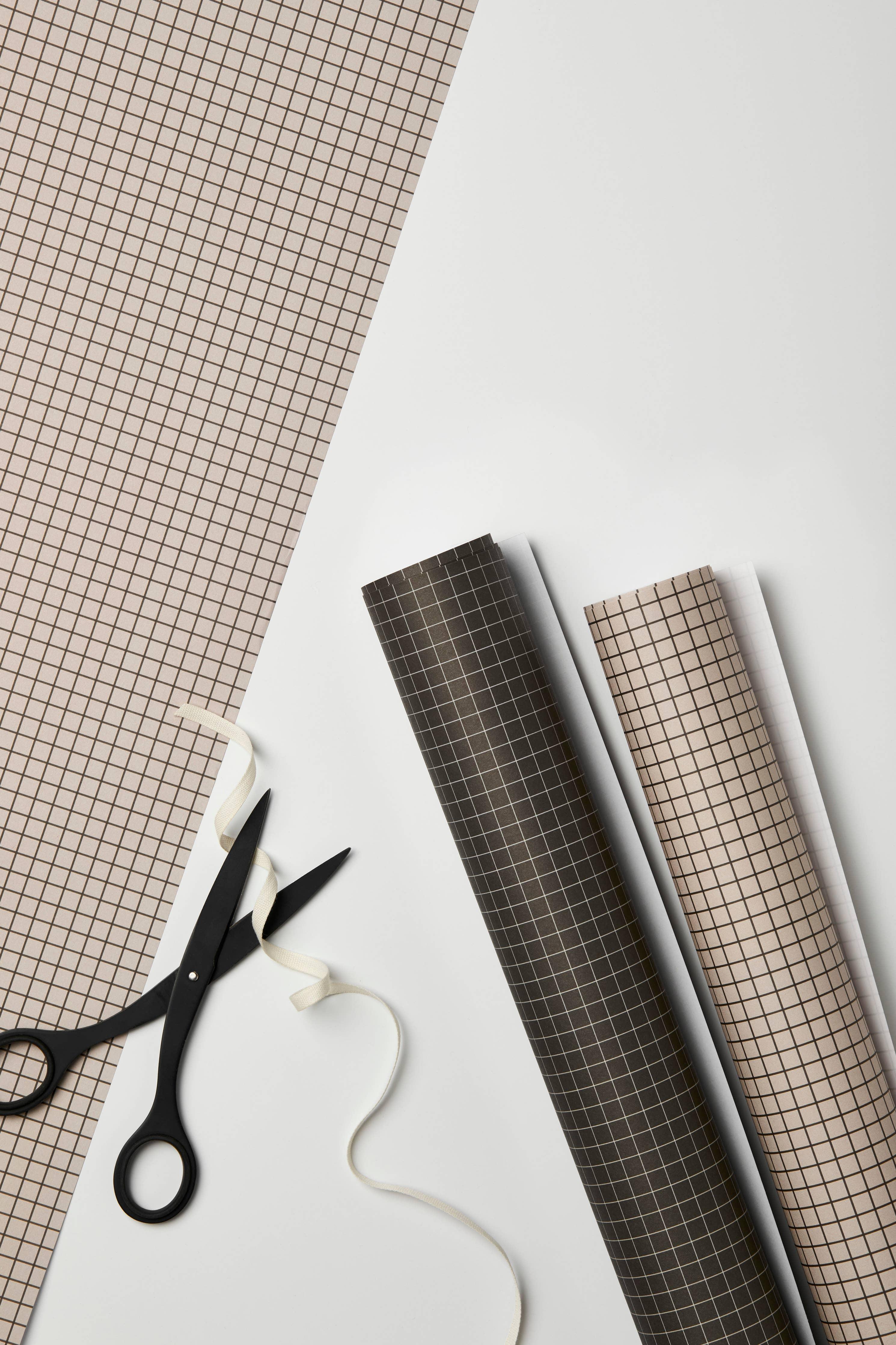 Monograph grid print wrapping paper, premium paper, black scissors, neutral tones