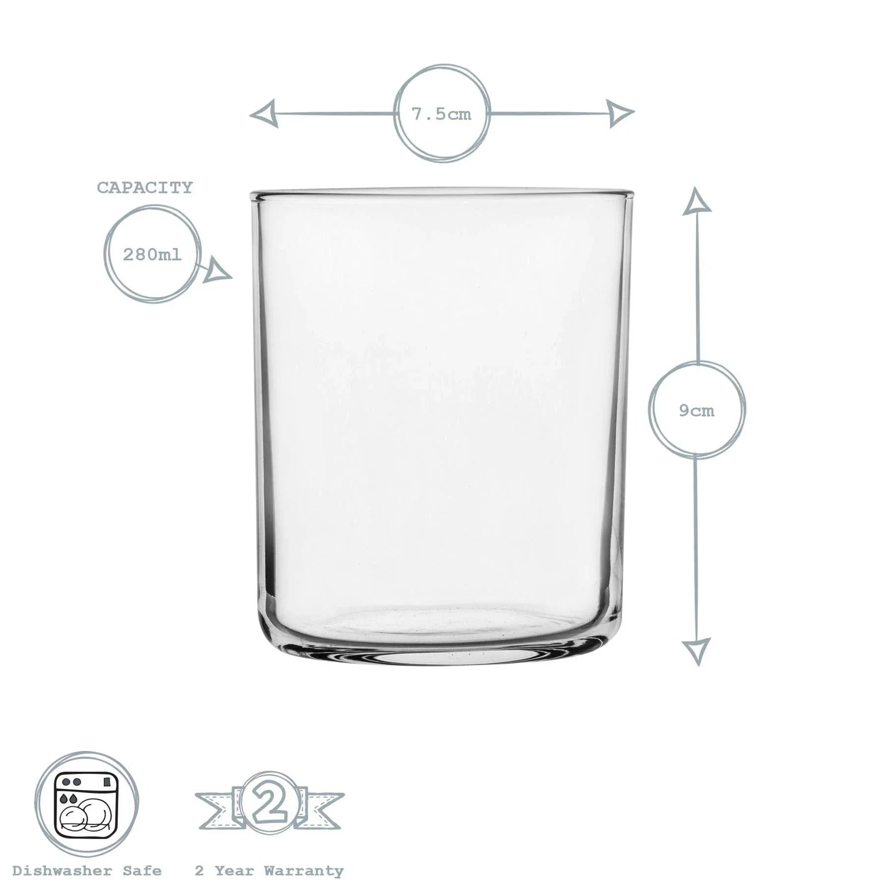 TAVOLA clear glass tumbler, 280ml, 7.5cm wide, 9cm tall, dishwasher safe, premium quality.