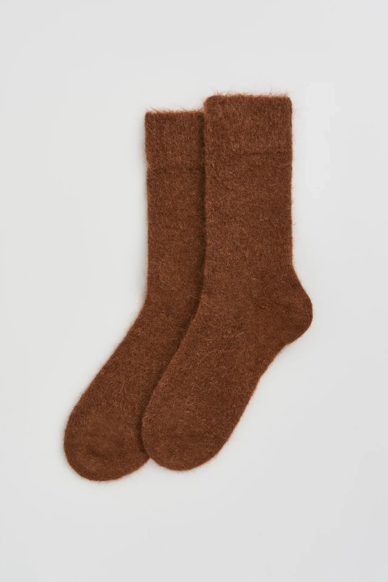 Deiji Studios brown mohair socks premium soft fuzzy texture on white background