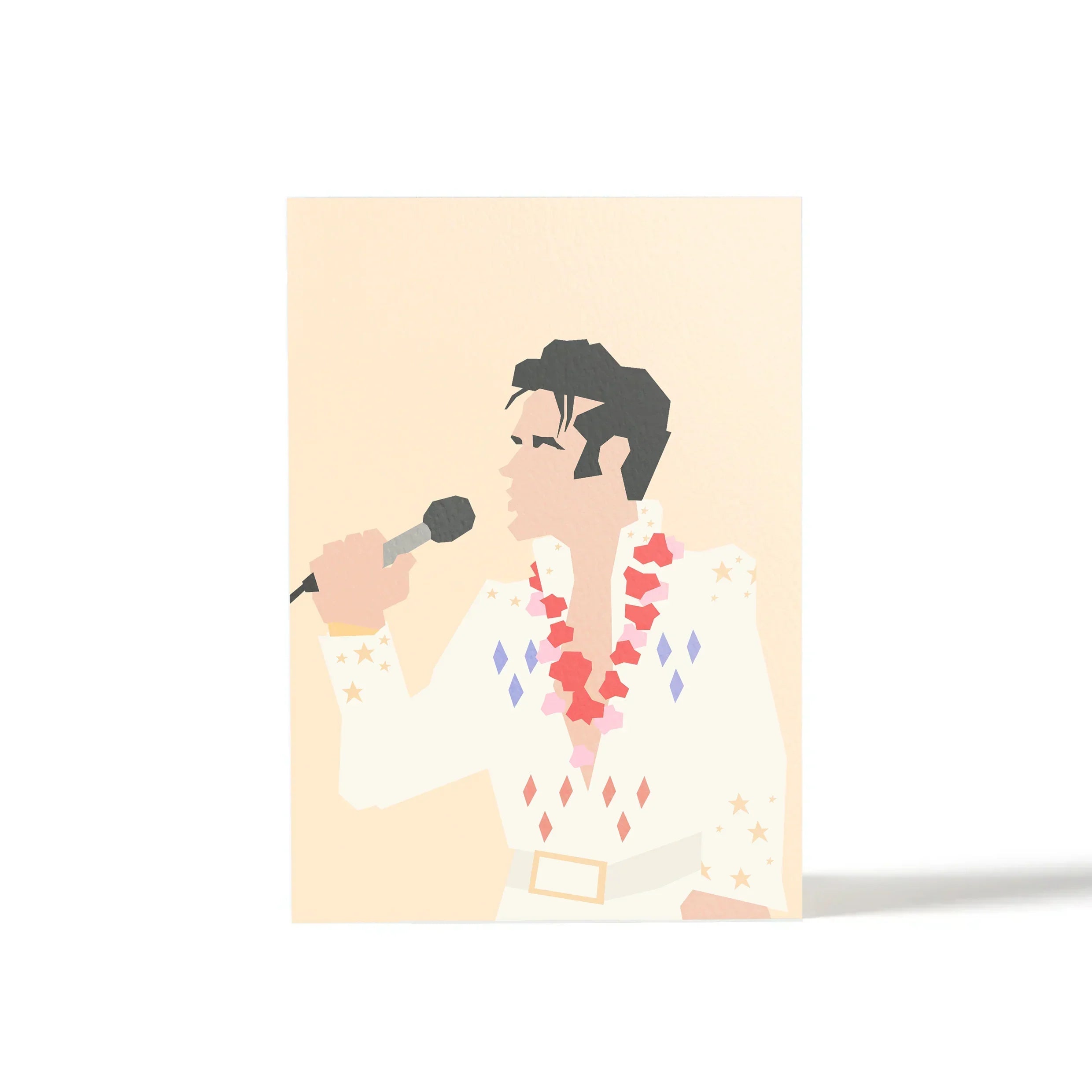 Paper Anchor Co. greeting card featuring stylized singer in white suit with red lei