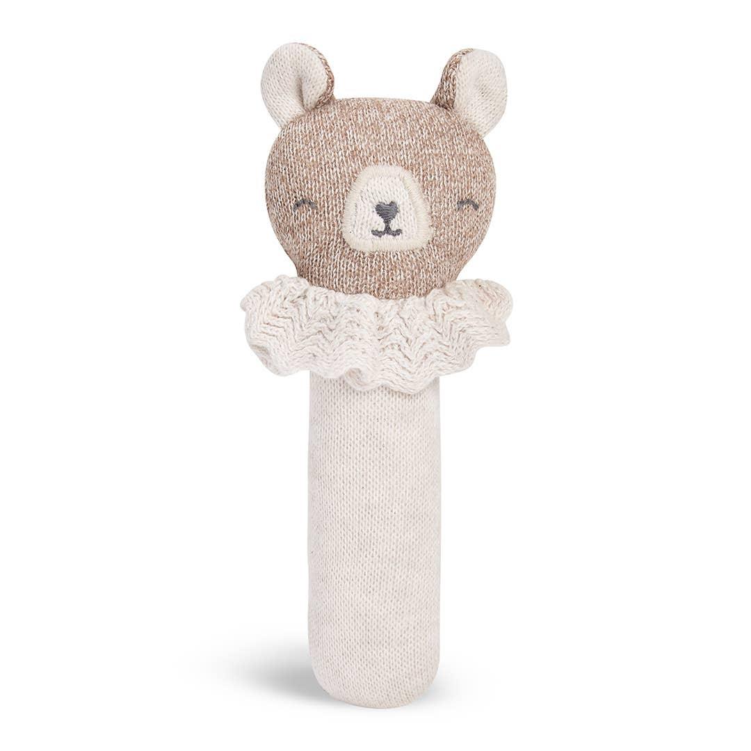 Sebra knitted beige bear rattle, organic cotton, premium baby toy with white ruffle collar
