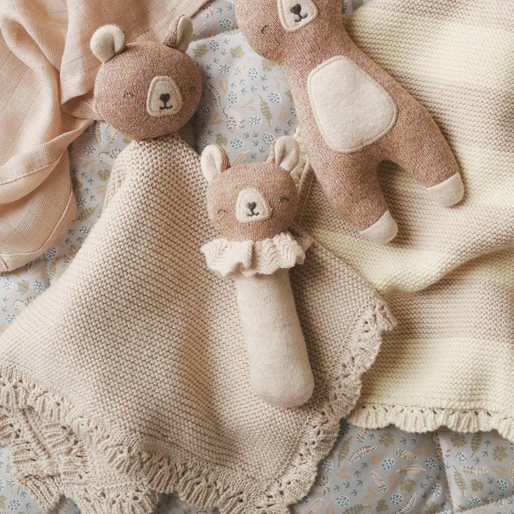 Cuddle+Kind knit baby toys and blankets in soft beige and cream cotton