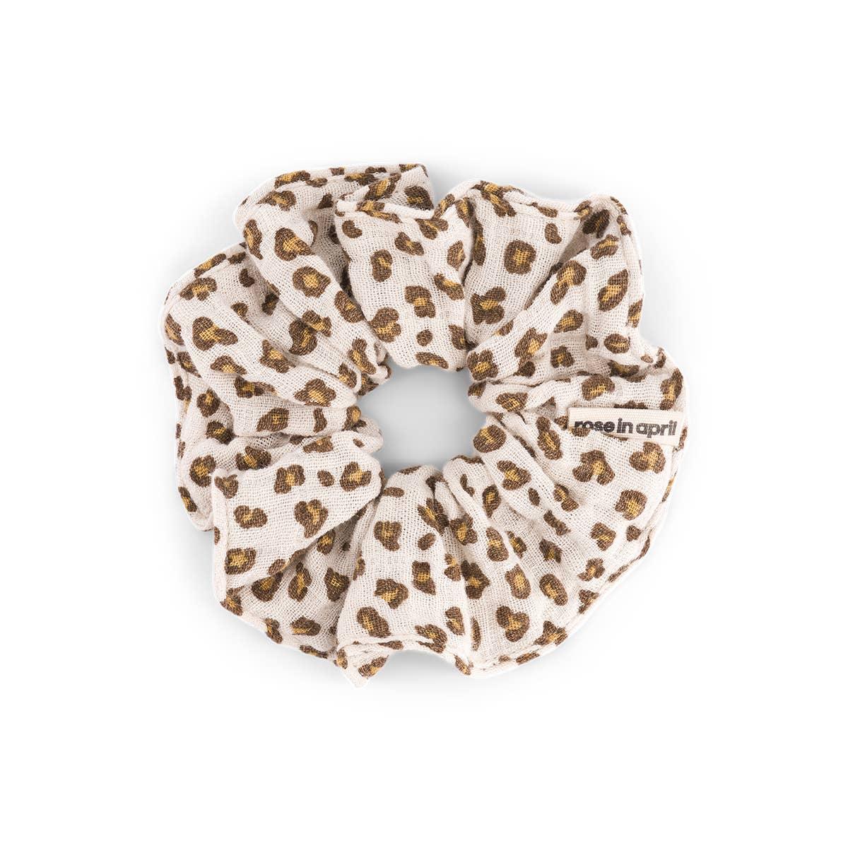 Rose in April beige cotton scrunchie with brown leopard print pattern