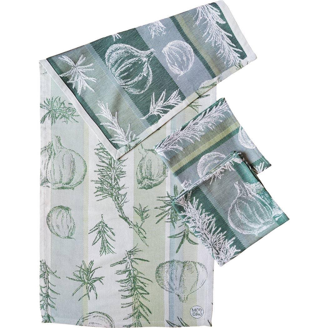 MOPLEN tea towel set, jacquard cotton, green with garlic and rosemary design