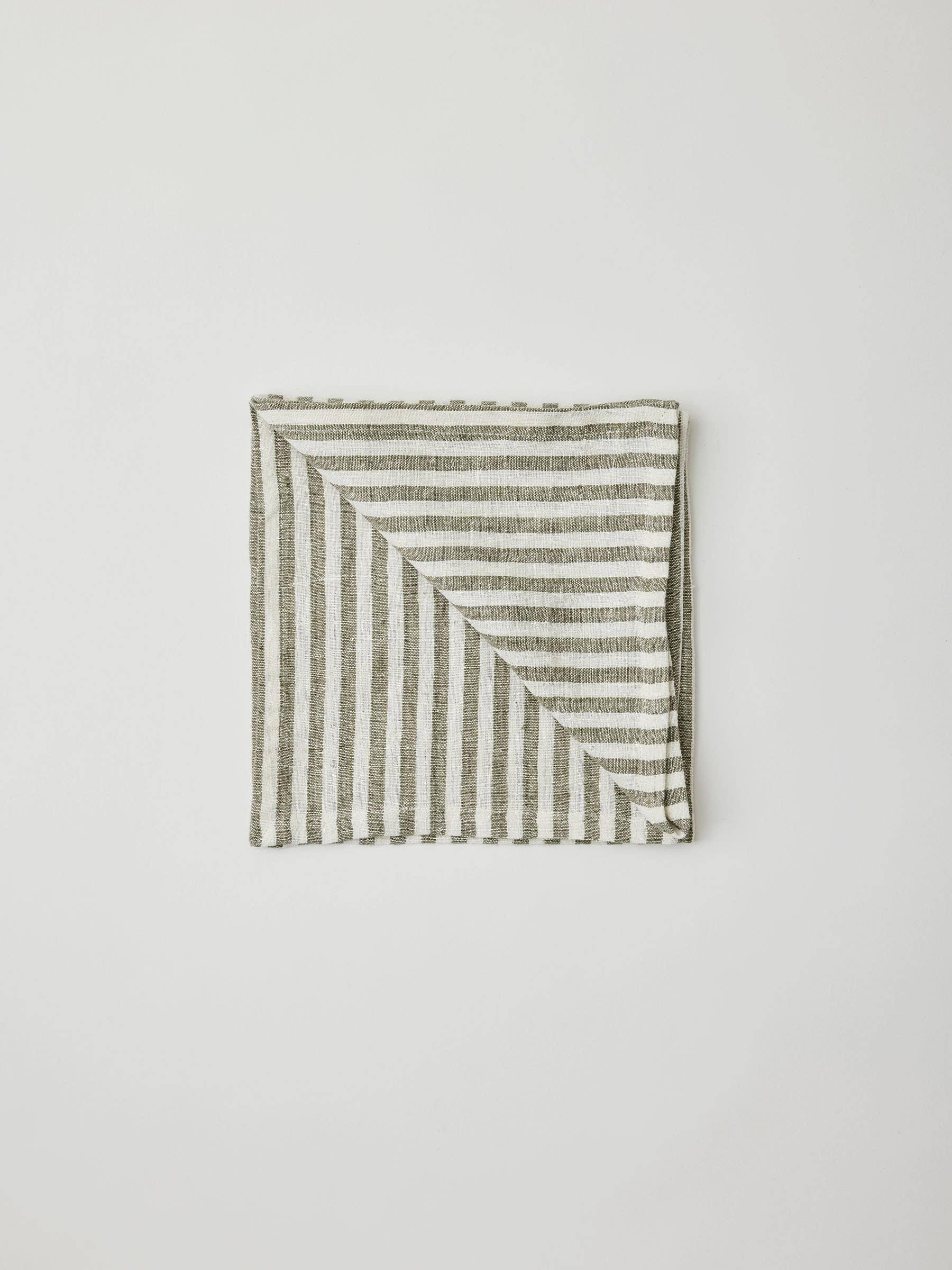 Sans Ceuticals linen napkin with olive green and white stripes, premium home decor
