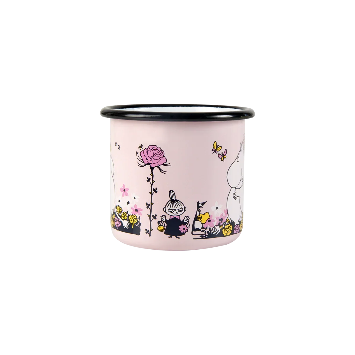 Muurla Moomin enamel mug, pink with floral and cartoon character design